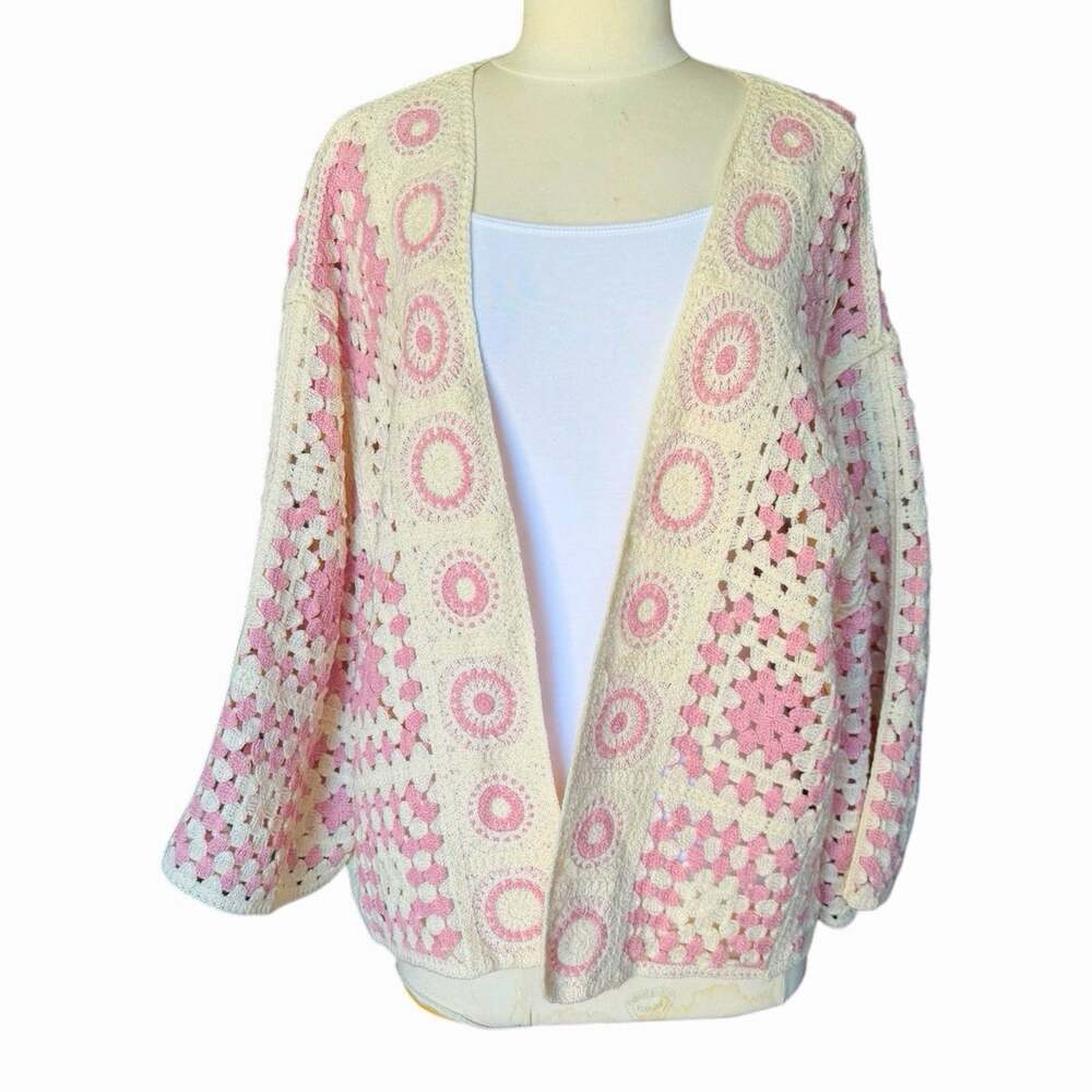 POL Pink Ivory Crochet Granny Square Open Front Cardigan Boho One Size